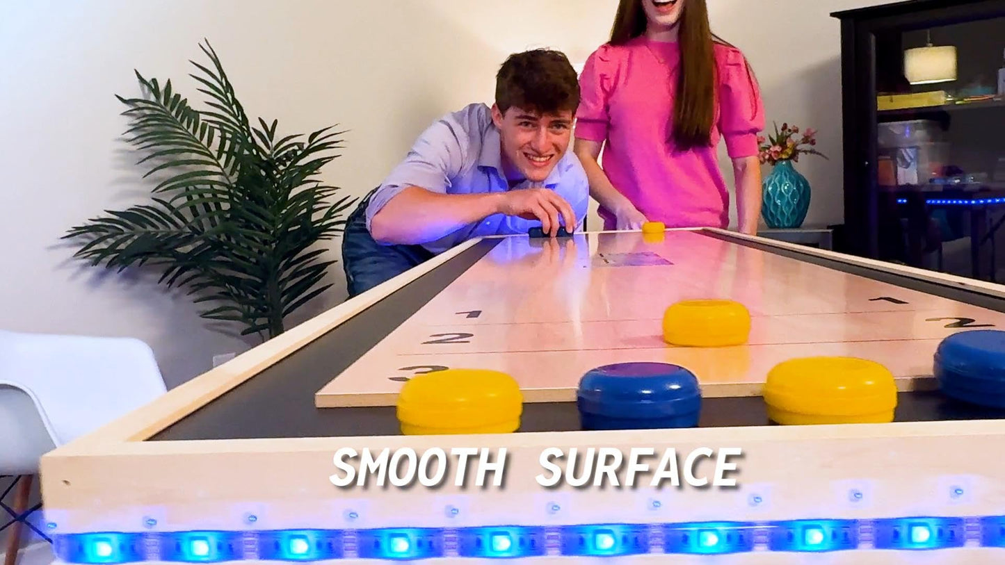 6-Foot Premium Shuffleboard Table w/LED Lights & Folding Legs - Wood Grain Edition