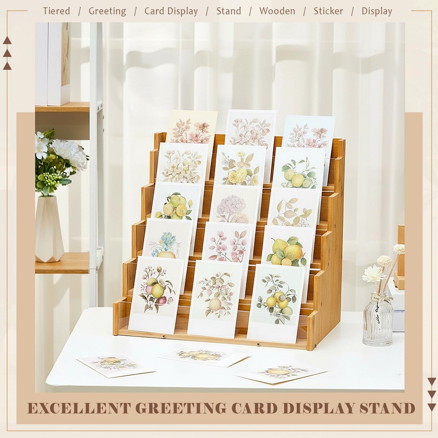 Yuntau 5 Tier Greeting Card Display Stand Wood Color Bamboo and Acrylic Sticker Display Stand Trading Card Holder Retail Photos Shelf for Vendors Craft Collection & Show