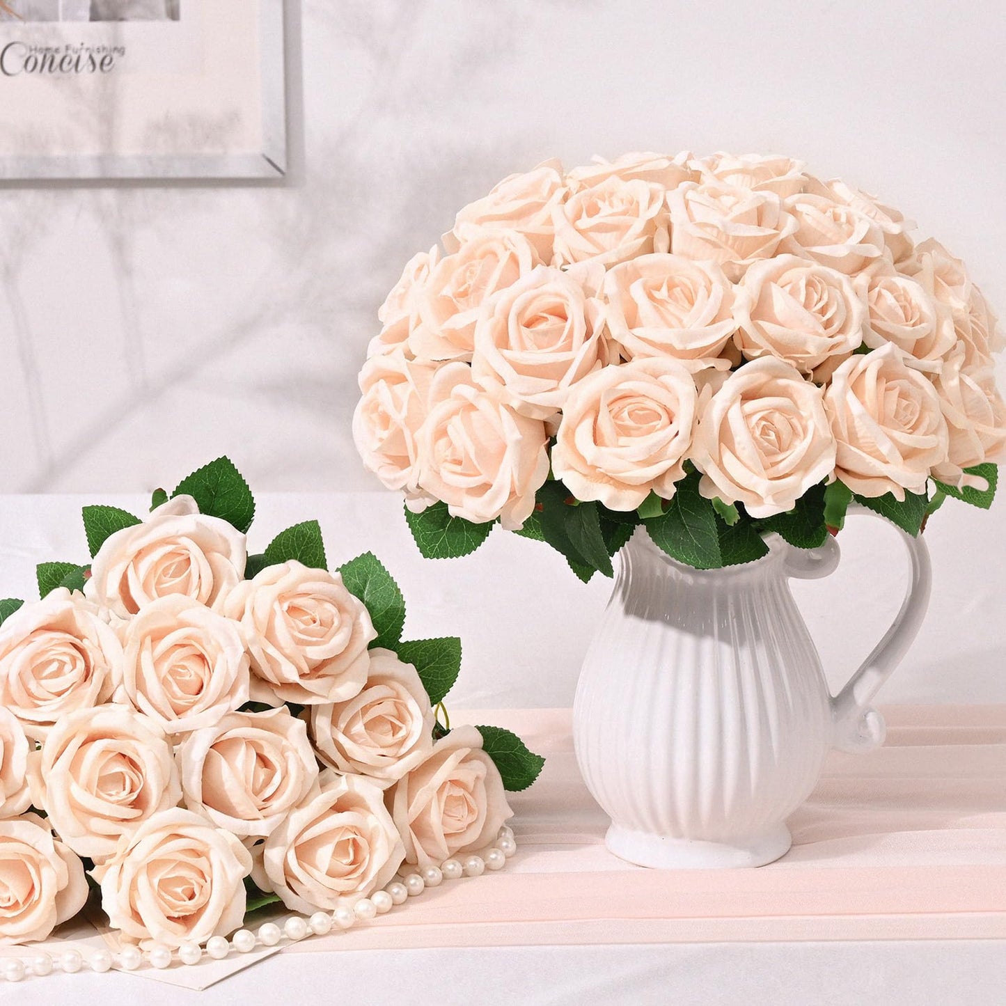 50 Pcs Champagne Roses Artificial Flowers, Real Touch Velvet Roses Bouquet Fake Flowers Bulk, Artificial Roses with Long Stems for Birthday Gift Women Mom DIY Bridal Wedding Centerpiece Decorations