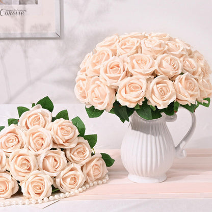 50 Pcs Champagne Roses Artificial Flowers, Real Touch Velvet Roses Bouquet Fake Flowers Bulk, Artificial Roses with Long Stems for Birthday Gift Women Mom DIY Bridal Wedding Centerpiece Decorations