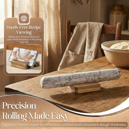 Flexzion French Rolling Pin, 12 Inch White Marble Rolling Pins for Baking with Wooden Base Holder Stand - Non-Stick Baking Roller for Baking Fondant, Crust, Pastry, Cookies, Pizza, Pasta