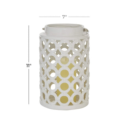 Deco 79 Ceramic Circles Decorative Candle Lantern with Cut Out Design, 8" x 9" x 8", White