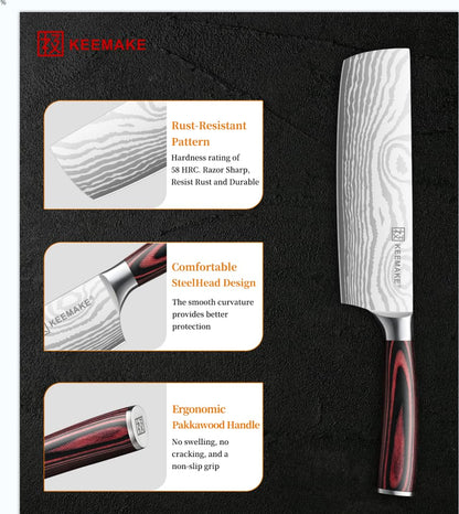 KEEMAKE 7 Inch Nakiri Knife - Japanese Kitchen Vegetable Cleaver, Razor Sharp German High Carbon Meat Slicing Cutter, Ergonomic Pakkawood Handle with Sheath, Father Day Gifts