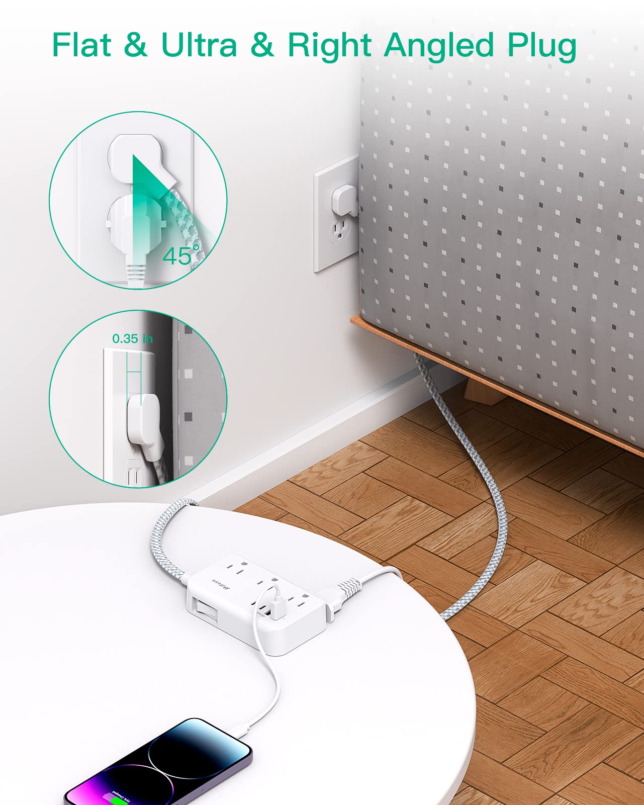 Power Strip Extension Cord - 6 Outlets and 4 USB (2 USB C), 5Ft Braided Cord with Ultra Thin Flat Plug, Wall Mount, Overload Protection, Compact for Travel, Cruise Ship, and Dorm Room Essentials