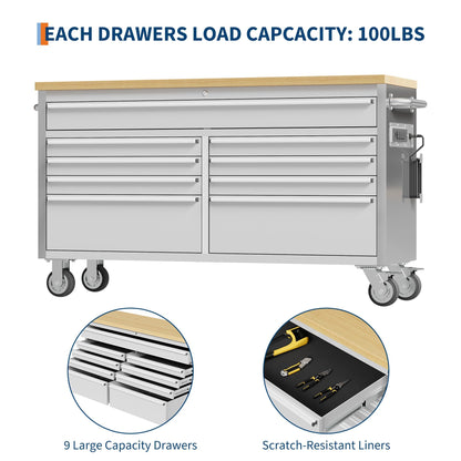 MERXENG 61 in Tool Chest, Tool Box Mobile 9 Drawers Storage Rolling Cabinet with Wheels Lock Key Locking System Drawer Liners for Garage Warehouse Repair Shop