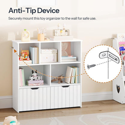HOOBRO Toy Storage Organizer, Toy Organizers and Storage with 2 Movable Drawers and 5 Cubbies, Toy Chest Shelf for Books or Dolls, Kids Bookshelf and Toy Storage for Playroom, White WT88CW01