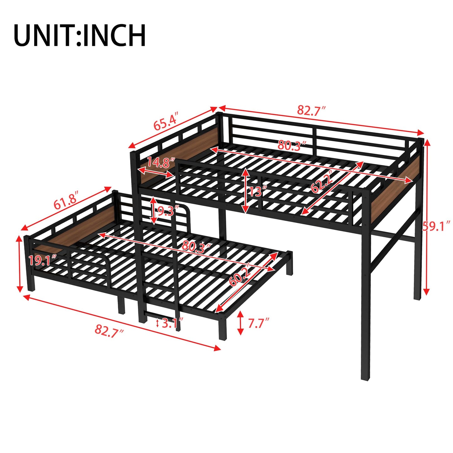 Bellemave Detachable Bunk Bed Queen Over Queen, Metal Bunk Bed with Guardrails, Queen Size Loft beds for Kids, Teens & Adults（Walnut Color）