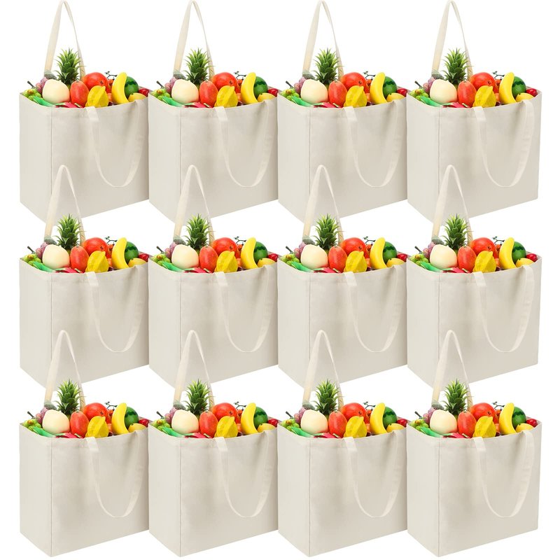 Reginary 12 Pack Canvas Grocery Bag Large Blank Shopping Tote Bags Reusable Pouches Bulk with Handle, 14 x 14 x 7.9'' (White)
