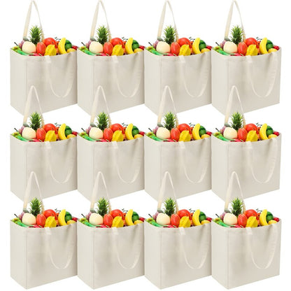 Reginary 12 Pack Canvas Grocery Bag Large Blank Shopping Tote Bags Reusable Pouches Bulk with Handle, 14 x 14 x 7.9'' (White)