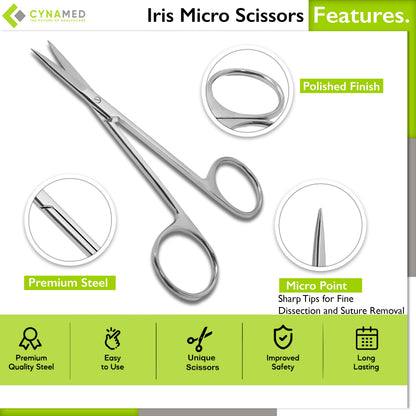 Cynamed Iris Micro Dissecting Precision Lab Scissors, Fine Point Straight - Perfect for Doctors, Nurses, EMS, Students, Education & Training and More (Pack of 10)