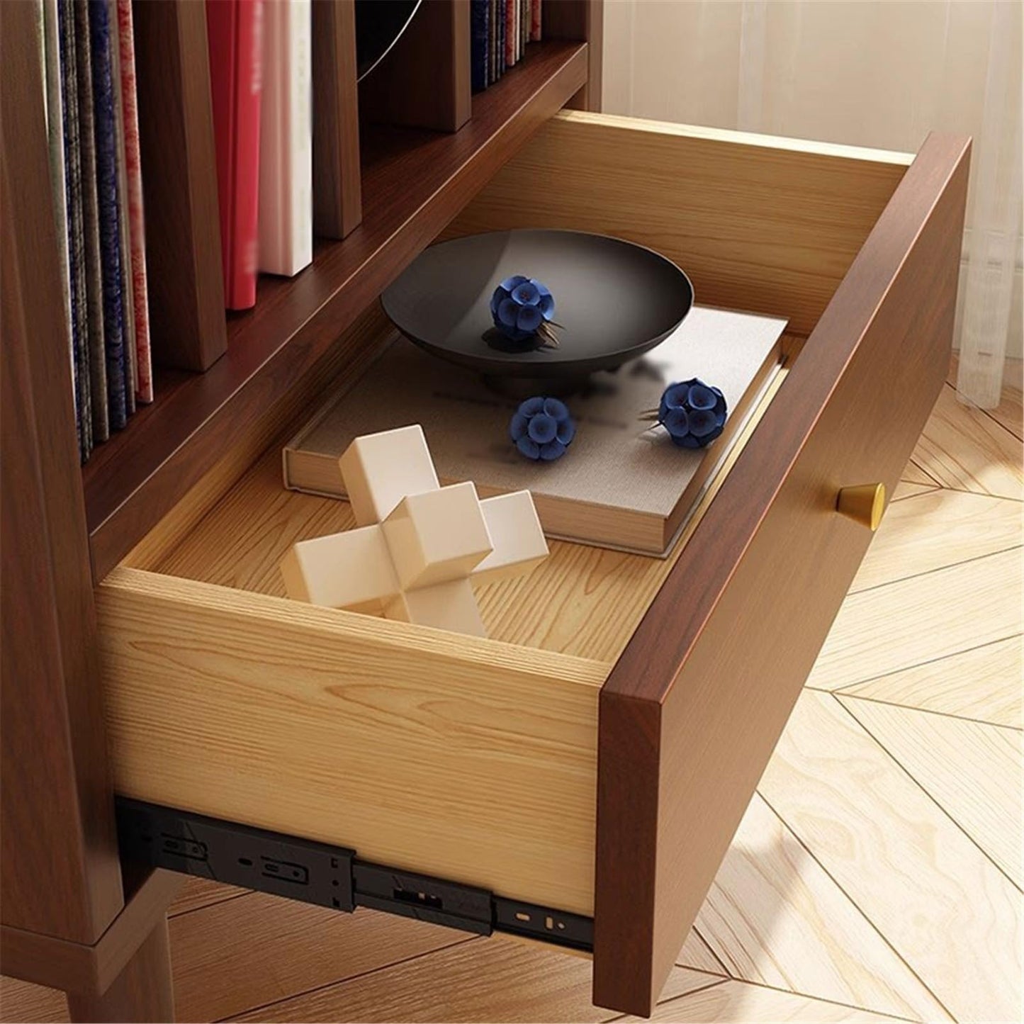 FURUIM2024M CD Record Storage Rack Wooden Vinyl Record Low Cabinet with Drawers Storage Unit Display Holder(Black)
