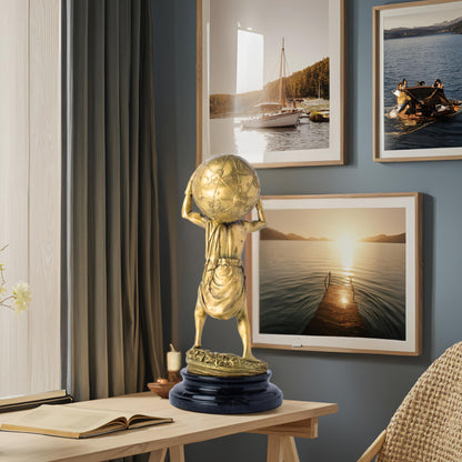 R REALONG Gloden Bronze Atlas Sculpture with Marble Base – 13.4" Tall Handcrafted Titan Atlas Carrying Globe Figurine, Lost-Wax Cast Bronze Art Decor for Home, Office & Collectors