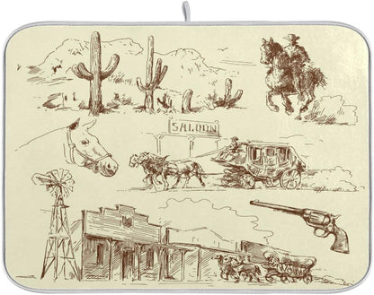 Rustic Cowboy Dish Drying Mat for Kitchen Counter, Western Desert Cactus Microfiber Protector, Medium 16x18 inch