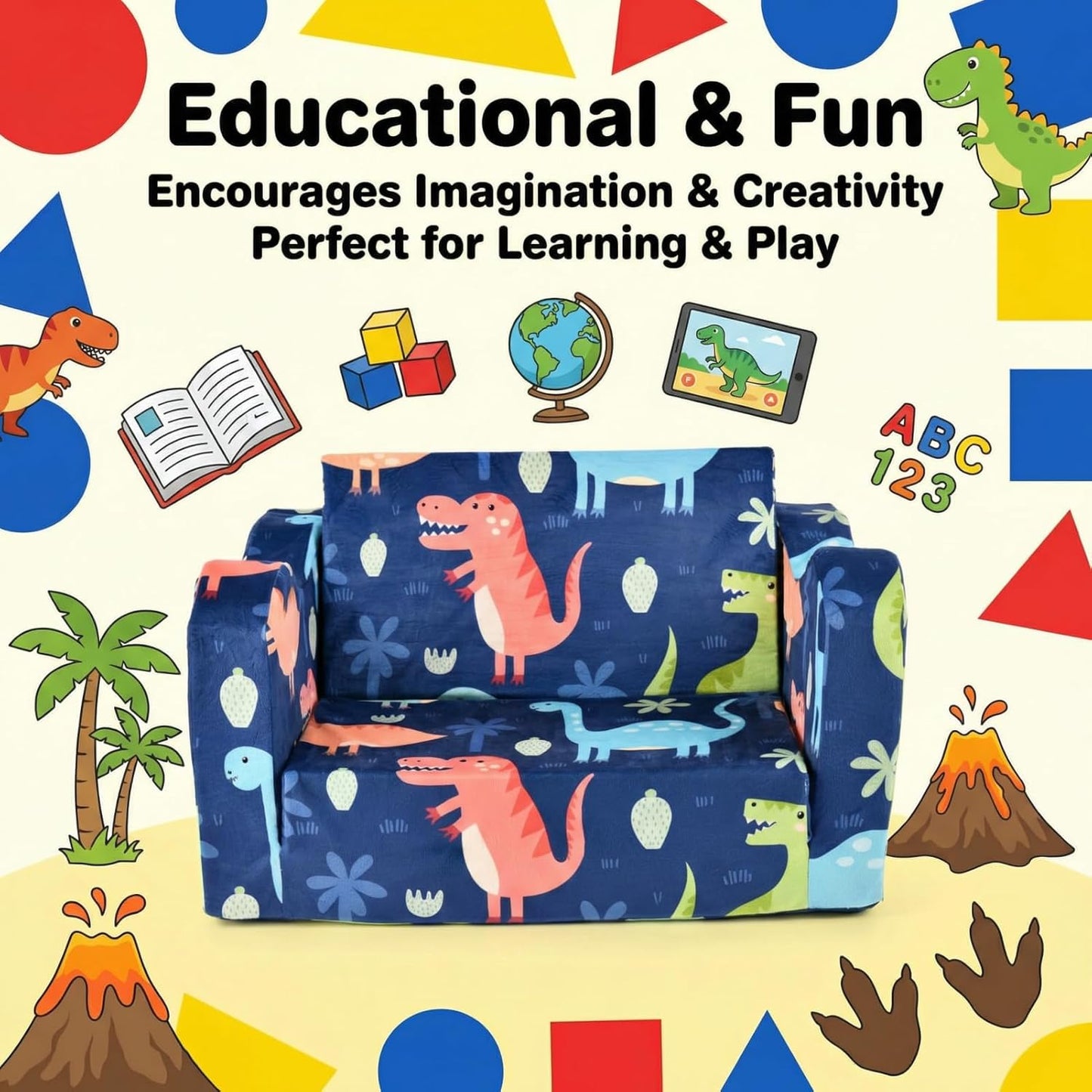 2-in-1 Kids Couch Sofa Toddler Sofa Dinosaur Foldable Toddler Couch Bed Flip Open Kids Chair for Playroom Bedroom Gift