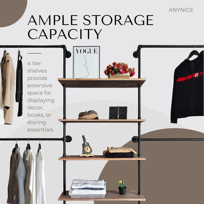 Anynice Industrial Pipe Clothing Rack Wall Mounted, DIY Custom Closet System with Shelves, Heavy Duty Garment Hanging Rack for Walk in Closet, Laundry Room, Retail Display, 14.6x122.8x82.7 in, Y05