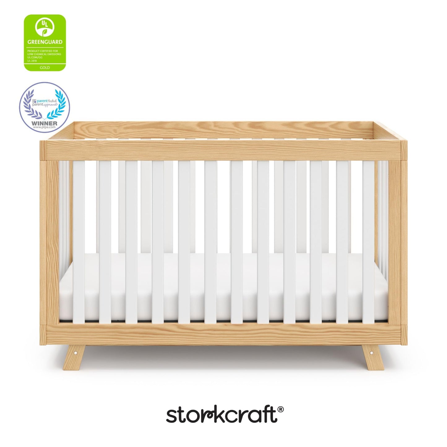 Storkcraft Beckett 3-in-1 Convertible Crib – GREENGUARD Gold Certified, Fits Standard Crib Mattress, Converts to Toddler Bed and Daybed, 4 Mattress Heights, Grow-with-Me Design (Natural and White)