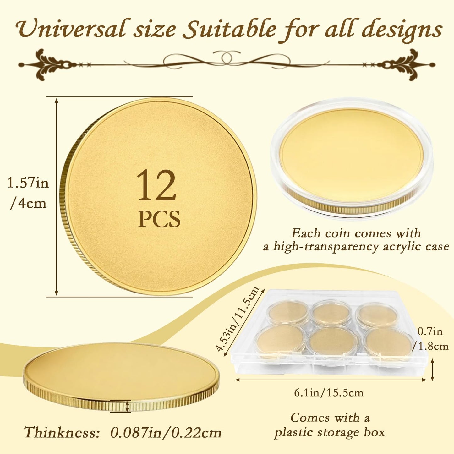 ZYNERY 12 Pcs Blank Brass Challenge Coins for Laser Engraving, 40mm x 2.2mm Solid Coin Blanks with Acrylic Protection Box for DIY Crafts, Metal Stamping & Commemorative Gifts