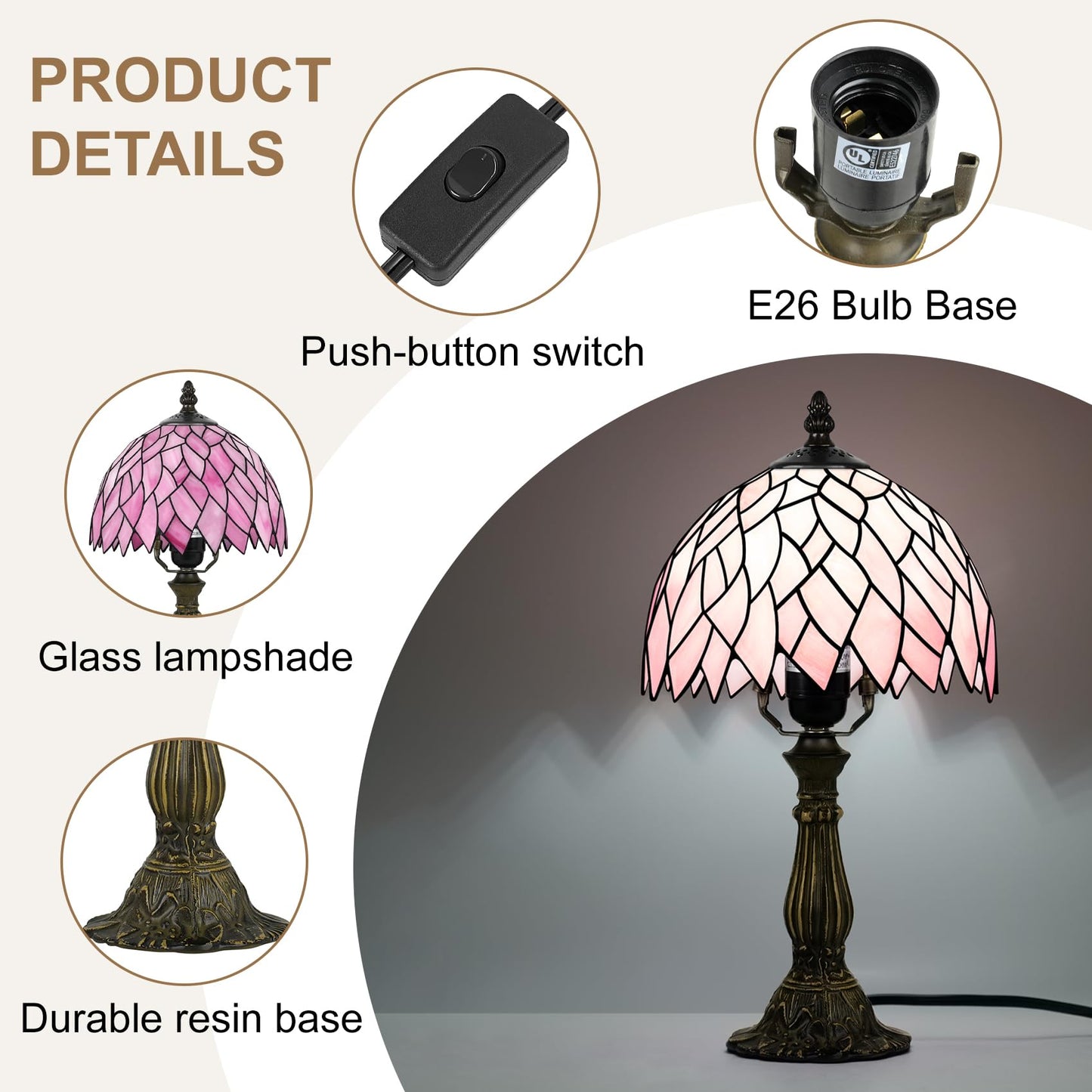 MOAN Small Lamp Stained Glass Table Lamp 8X14.5 Inch Bedside Reading Light Antique Light Desk Lamp(Pink Wisteria Style)