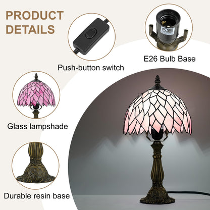 MOAN Small Lamp Stained Glass Table Lamp 8X14.5 Inch Bedside Reading Light Antique Light Desk Lamp(Pink Wisteria Style)