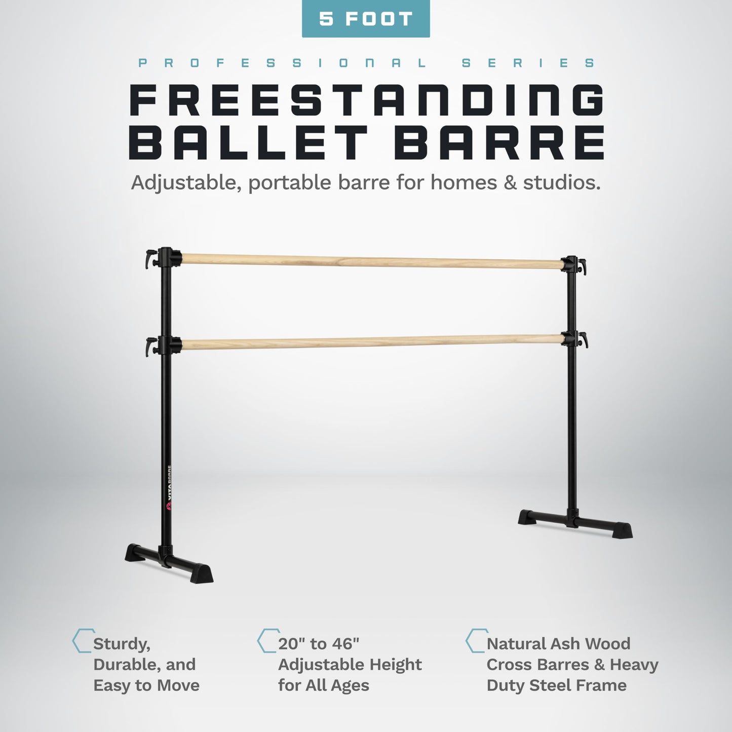VITA Barre Portable Freestanding Double Ballet Barre, Professional, 5 Ft Bars, Black, Wood | Adjustable Height, Made in USA, Home or Gym Exercise Equipment for Kids & Adults | Dance, Fitness, Pilates