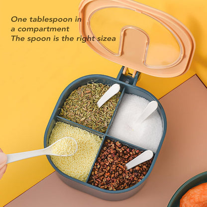 Seasoning Box with Lid, 4 Compartments Spice Rack with Handle and Spoons for Home Kitchen