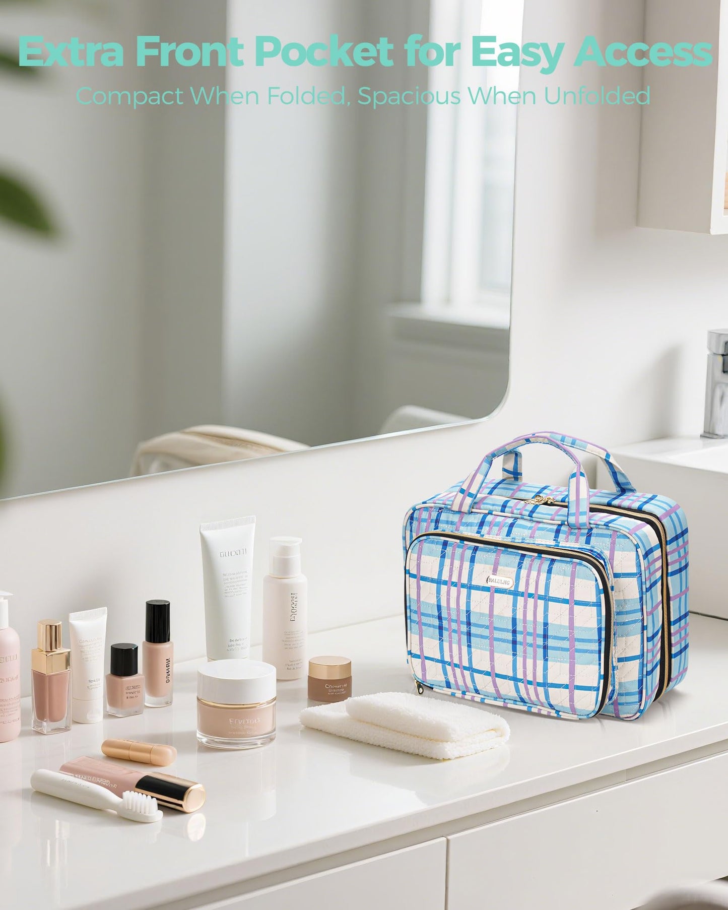 BALULHG Travel Hanging Toiletry Bag for Women, Water-Resistant Cosmetic Organizer with 4 Compartments & 360° Swivel Hook, TSA-Approved Makeup Bag for Shampoo, Full Sized Container, Toiletries (Pink)
