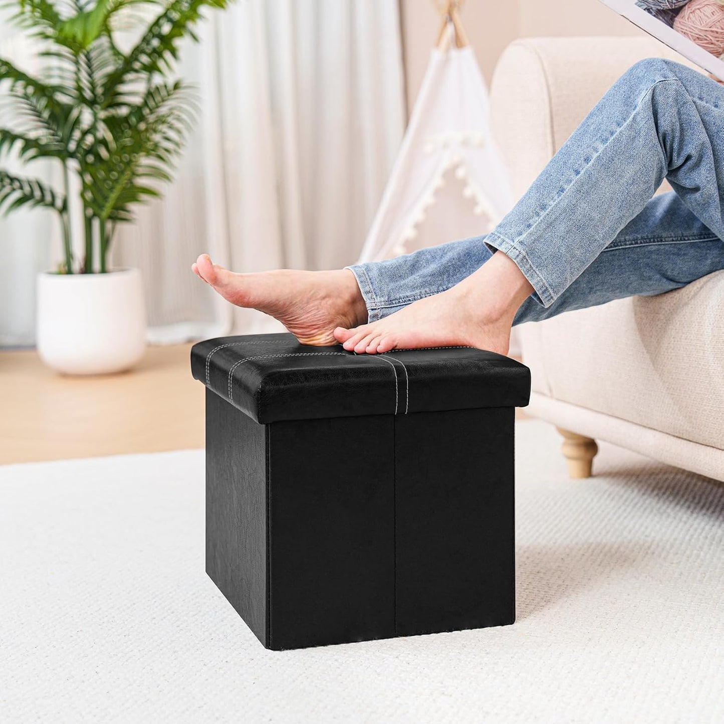 16.5"x12.6"x12.6" B FSOBEIIALEO Folding Storage Ottoman Cube, Faux Leather Footrest Seat Coffee Table, Black
