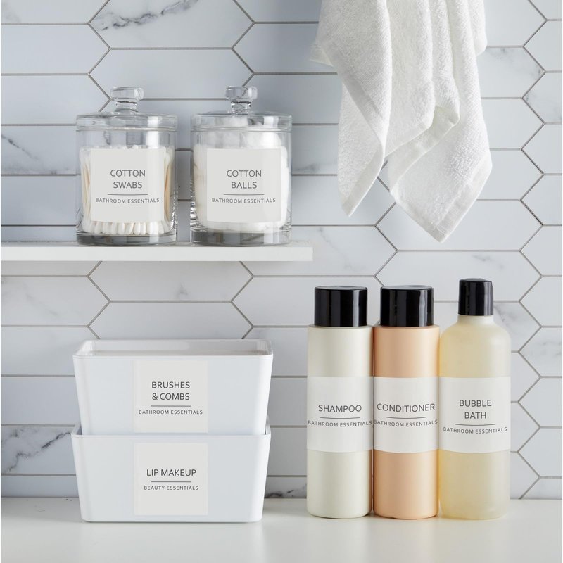Talented Kitchen Minimalist Bathroom Labels for Organizing - 174 Labels, 2.5" x 2.5" & 2.5" x 0.75", Black on White - Stickers for Jars & Bottles - Water-Resistant for Medicine Cabinet
