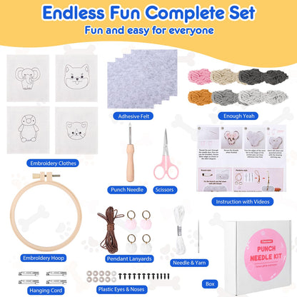 Punch Needle Kit for Beginner,Embroidery Kit with All Tools and Materials, 4Pcs Cute Animal Charm Easy for Adults and Children Follow Instructions and Videos,Best Gift for Craft Lovers