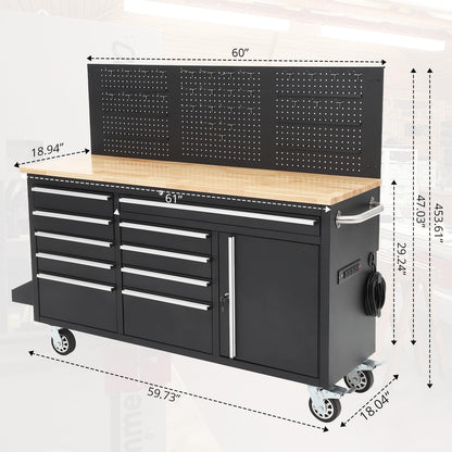 61 Inch Rolling Tool Chest, 10 Drawers Garage Workbench Storage Tool Cabinet with Rubber Wood Top, 1675 LBS, Power Strip, Locking System, Drawer Liners for Garage, Warehouse and Repair Shop, Black