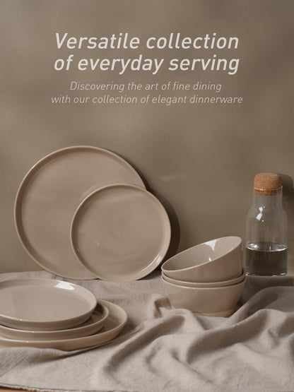 Famiware Saturn 16 Pieces Plates and Double Bowls Sets for 4, Stoneware Dinnerware Set with Pasta Bowl, Dish Set with Trim - Chip & Scratch Resistant, Microwave & Dishwasher Safe, Cinnamon Brown