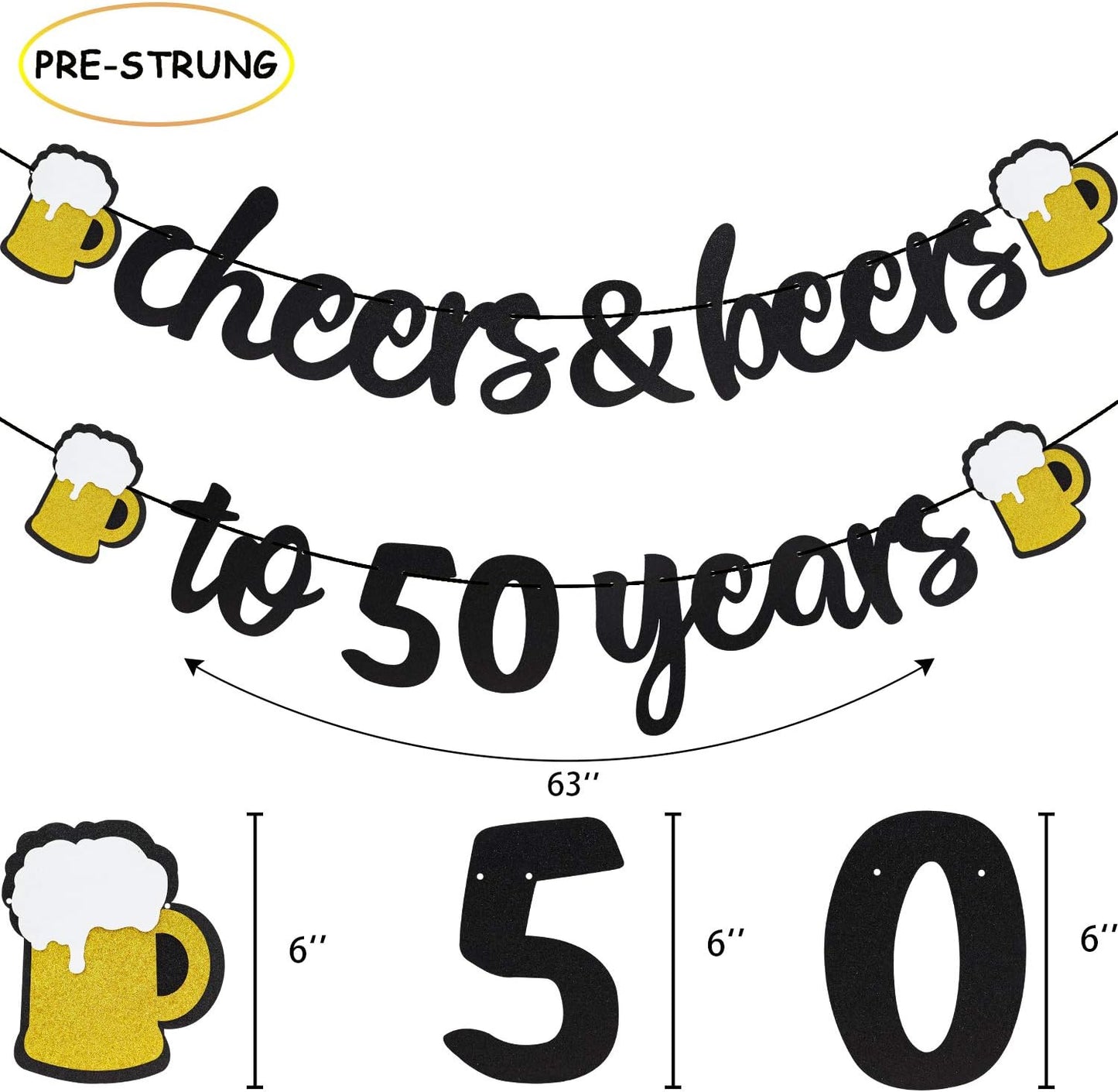 50th Birthday Decorations - Black Gold 50 Year Anniversary Supplies, Cheers To 50 Years Banner, Latex Balloon, Foil