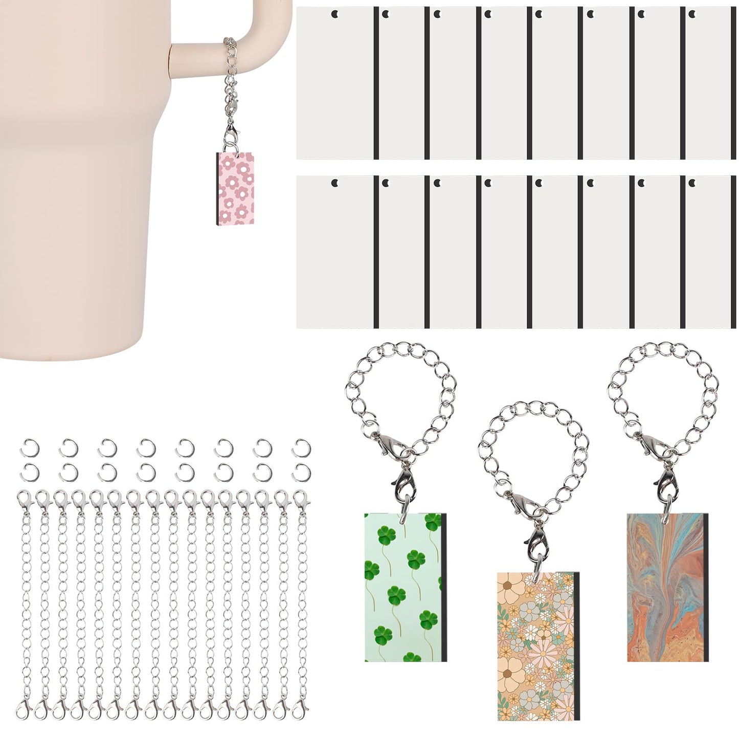 Stanley Cup Charm Accessories for Tumbler Cup - 16Pcs Bulk Set with Keychains, MDF with Chain Jump Ring - DIY Crafts (Rectangle)
