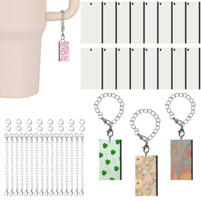 Stanley Cup Charm Accessories for Tumbler Cup - 16Pcs Bulk Set with Keychains, MDF with Chain Jump Ring - DIY Crafts (Rectangle)