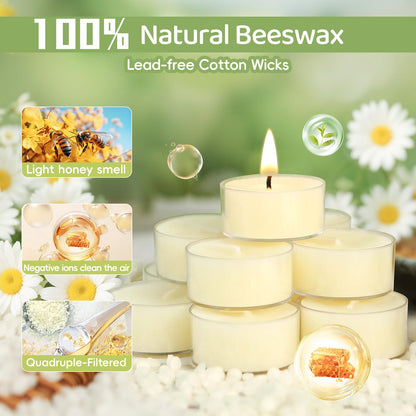 24Pcs White Beeswax Tea Light Candles-4 Hour Burn Time,100% Pure Natural Beeswax-Clean Burning & Air Purifying, Smokeless Bulk Tea Lights for Spa,Meditation,Wedding & Home Decor