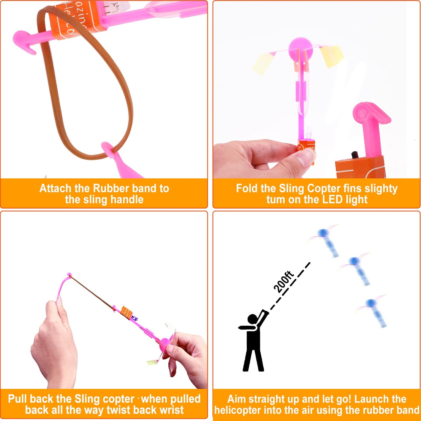 lpvoqpth 25 Sets LED Flying Set, 25 Slingshot+25 Glow Helicopter-50 Pcs, Flying Toy Outdoor Toys Glow in the Dark Party Supplies Party Favors for Kids 8-12,4-8