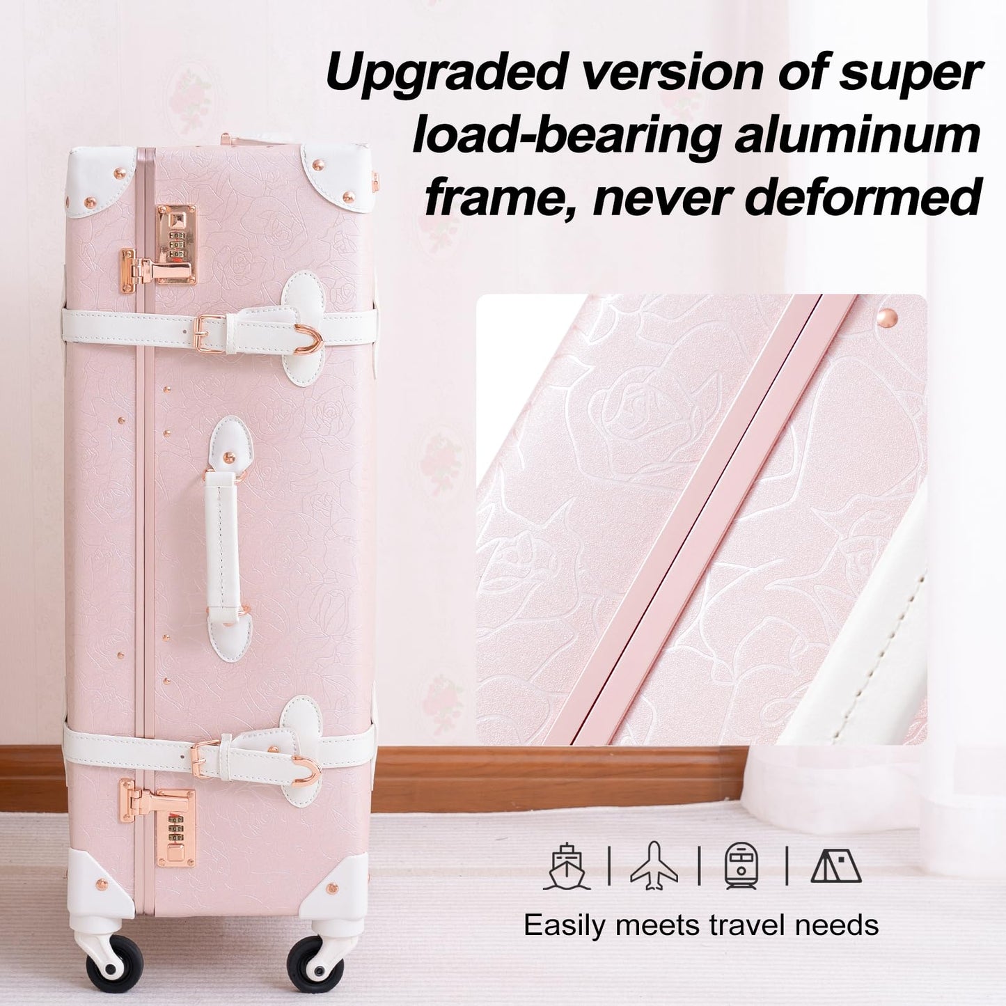 urecity Vintage Luggage Sets of 3 Piece - Hardside Lightweight Spinner Suitcases - Retro Travel Set includes Under Seat Train Case, 26"+20"+12" (Elegant Pink)