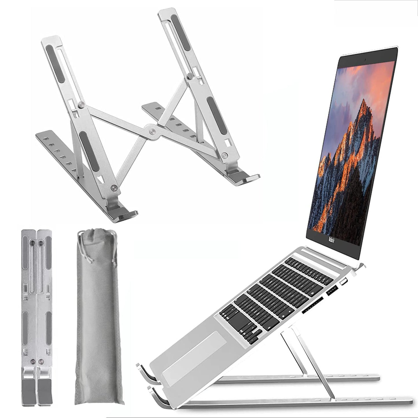 Portable Laptop Stand, Adjustable Ergonomic Aluminium Laptop Mount Stand, Detachable Notebook Riser Holder for Desk Compatible with MacBook, Dell, Lenovo More 10-15.6" Laptops-Silver