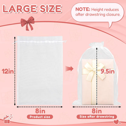 Crweety 100PCS White Organza Bags 8x12, Large Mesh Bags Drawstring for Gifts Wedding Favors Treats Makeup Soap Sachet Candy Jewelry, Party Favor Goodie Bags Bulk for Birthday Graduation Baby Shower