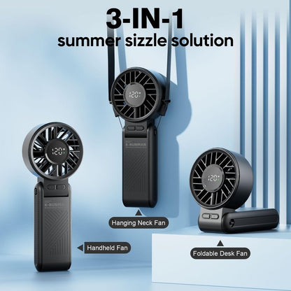 K-RUNMAN Portable Handheld Fan, 4000mAh Rechargeable, 6 Speed Settings, LCD Display, 3-in-1 Foldable Mini Desk Fan with Lanyard (BLACK)