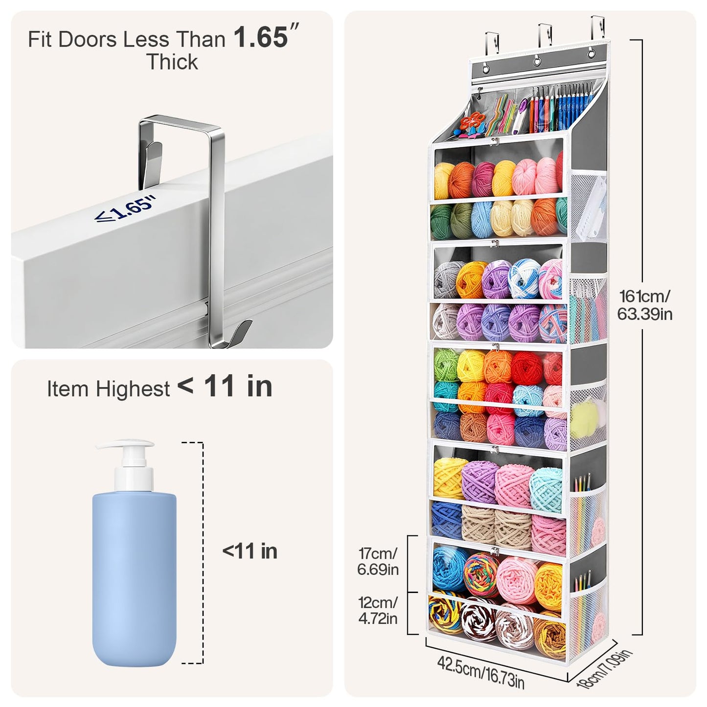 Hanging Yarn Storage Organizer with 5 Zipper Closure Compartments, Large Capacity Knitting Organizer Storage, Over the Door Hanging Knitting Yarn Holder for Crochet, Knitting Needles, Clear Grey