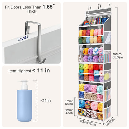 Hanging Yarn Storage Organizer with 5 Zipper Closure Compartments, Large Capacity Knitting Organizer Storage, Over the Door Hanging Knitting Yarn Holder for Crochet, Knitting Needles, Clear Grey