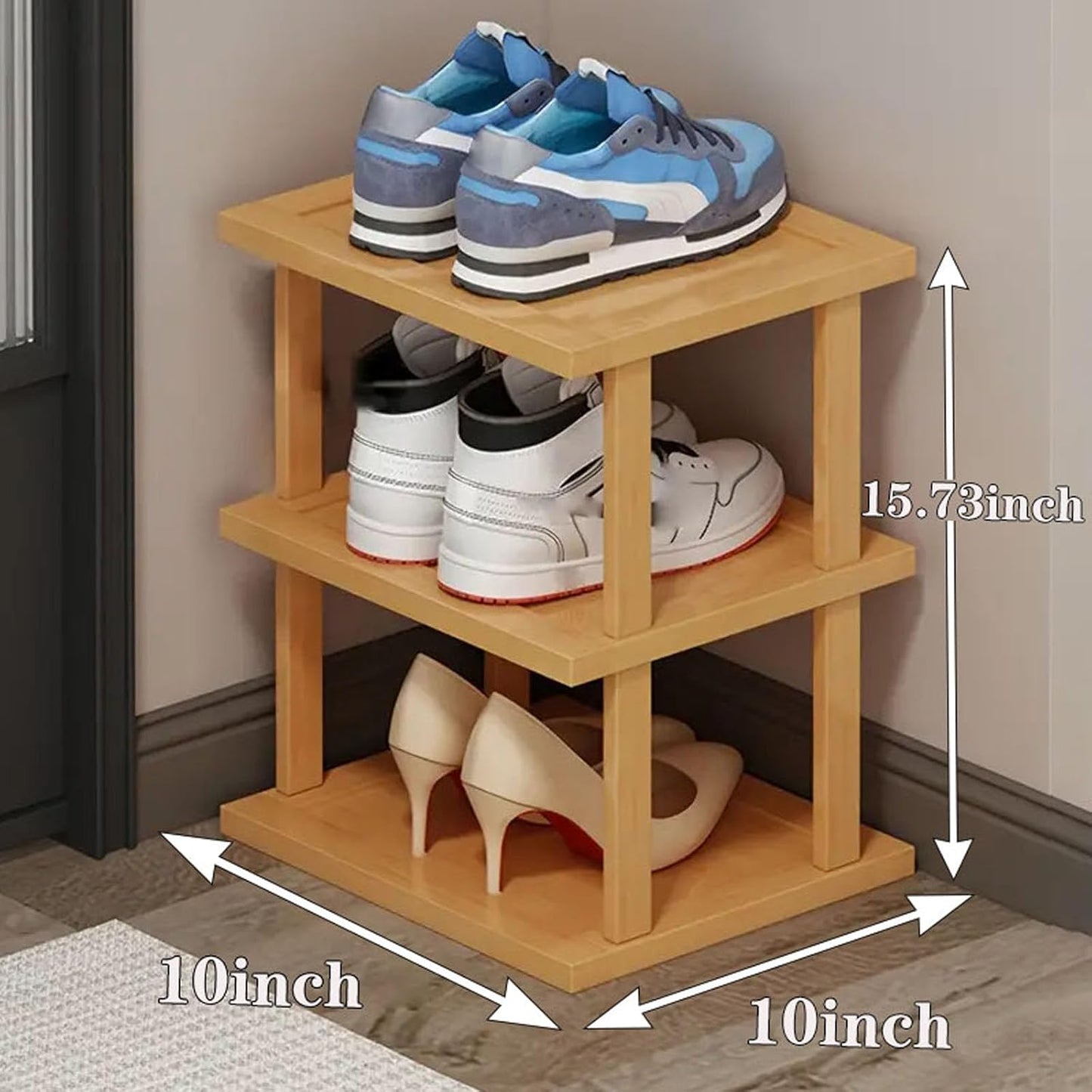 3Tier- Closet SAN HE Bamboo Shoe Rack Vertical Shoe Rack for Small Spaces, Tall Narrow Shoe Rack Organizer for Entryway