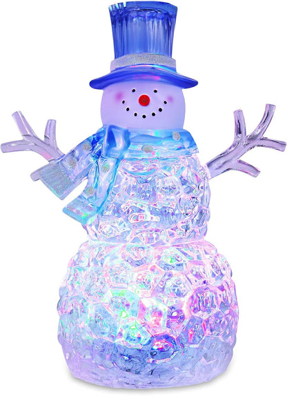 Snowman Christmas Decoration - LED Lighted Figurine with 6-Hour Timer | Battery Operated Acrylic Snowman (Blue Hat)