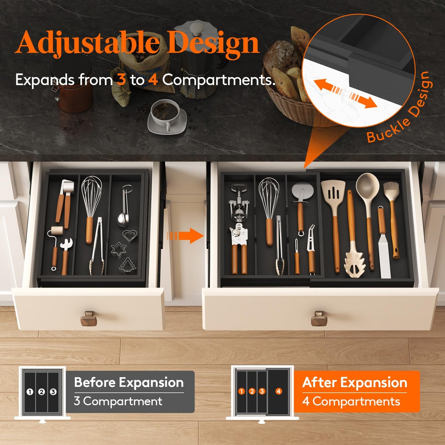 Lifewit Utensil Organizer for Kitchen Drawer, Expandable 13 to 22.4 Inches Wide, Adjustable Cooking Silverware Tray, Bamboo Cutlery Flatware Holder, Spatula Tools and Gadgets Storage Divider, Natural