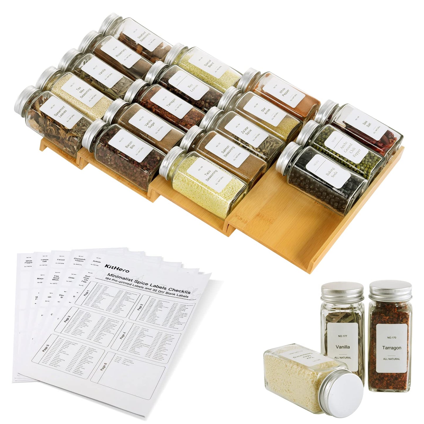 Spice Drawer Organizer with 24 Spice Jars and 216 Labels,Non-slip Rubber, Bamboo 4 Tier Spice Racks Tray Seasoning Containers for Kitchen Drawers,Cabinets,Countertops,13" Wide * 15.8" Deep