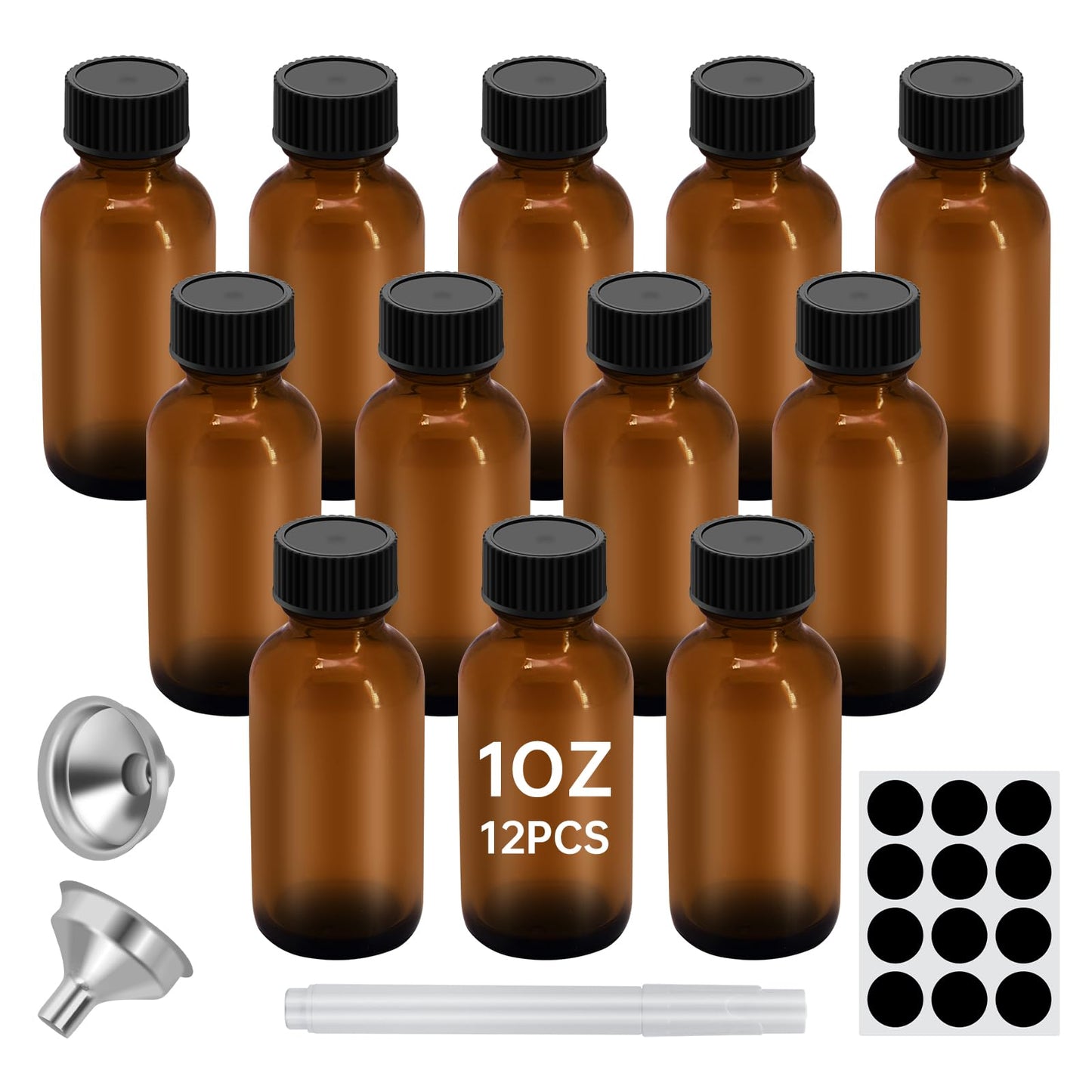 REUJIHXY 12Pcs 1oz Amber Glass Bottles - 30ML Small Glass Jars with Black Lids Empty Boston Bottle,Dispensing Bottles for Homemade Vanilla Extract, Essential Oils, Herbal Medicine (12)