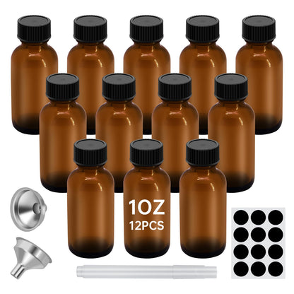 REUJIHXY 12Pcs 1oz Amber Glass Bottles - 30ML Small Glass Jars with Black Lids Empty Boston Bottle,Dispensing Bottles for Homemade Vanilla Extract, Essential Oils, Herbal Medicine (12)