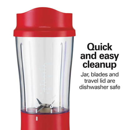 Hamilton Beach Portable Blender for Shakes and Smoothies, 14 Oz BPA Free Travel Cup & Lid, Durable Stainless Steel Blades, Personal Smoothie Blender, Red (51101RV)
