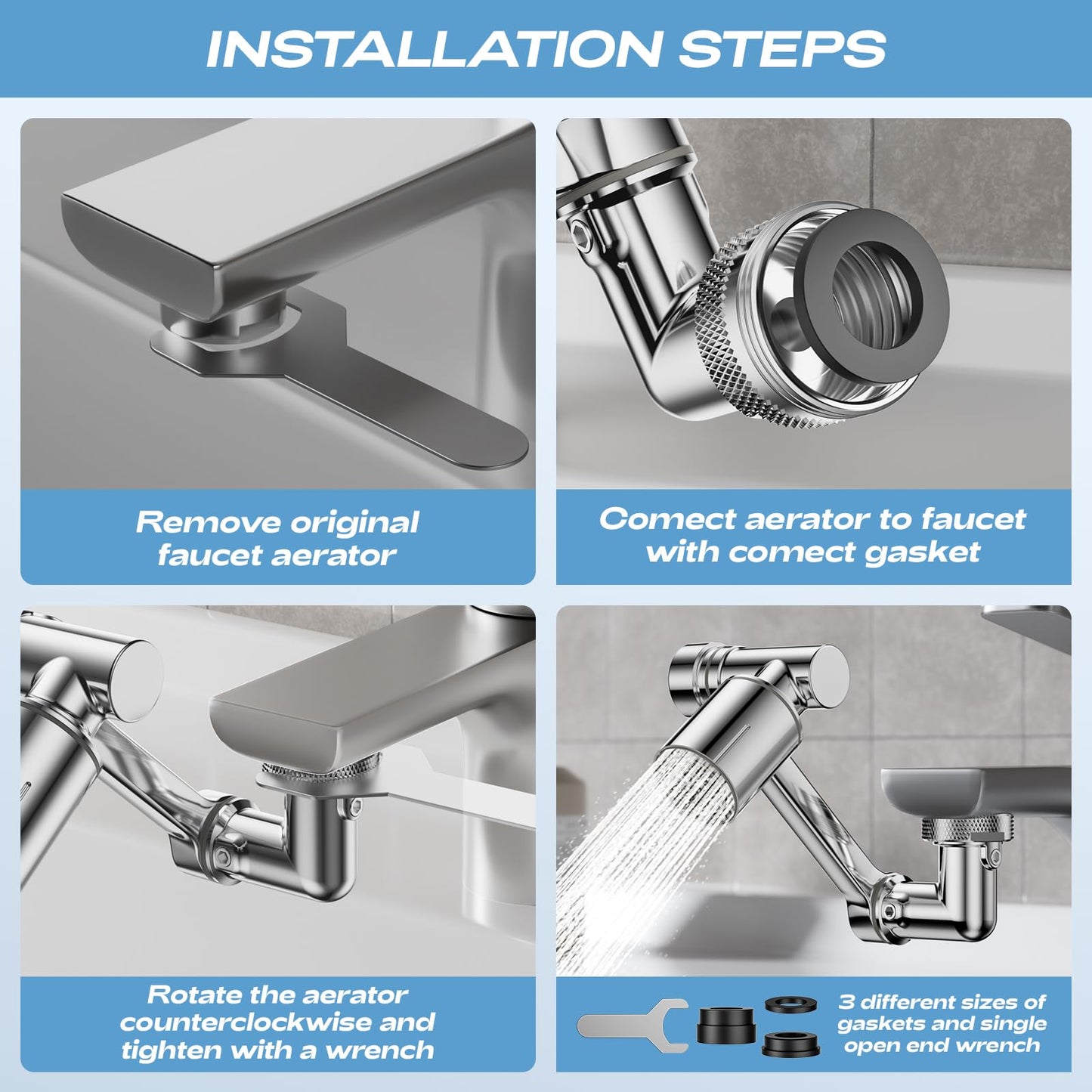 1080° Rotating Faucet Extender, Brass Faucet Multi-functional Spray Nozzle Extender, Universal 36° Rotating Mechanical Arm Bathroom Faucet Extender, Kitchen Extend Filter, 2 Modes Spray